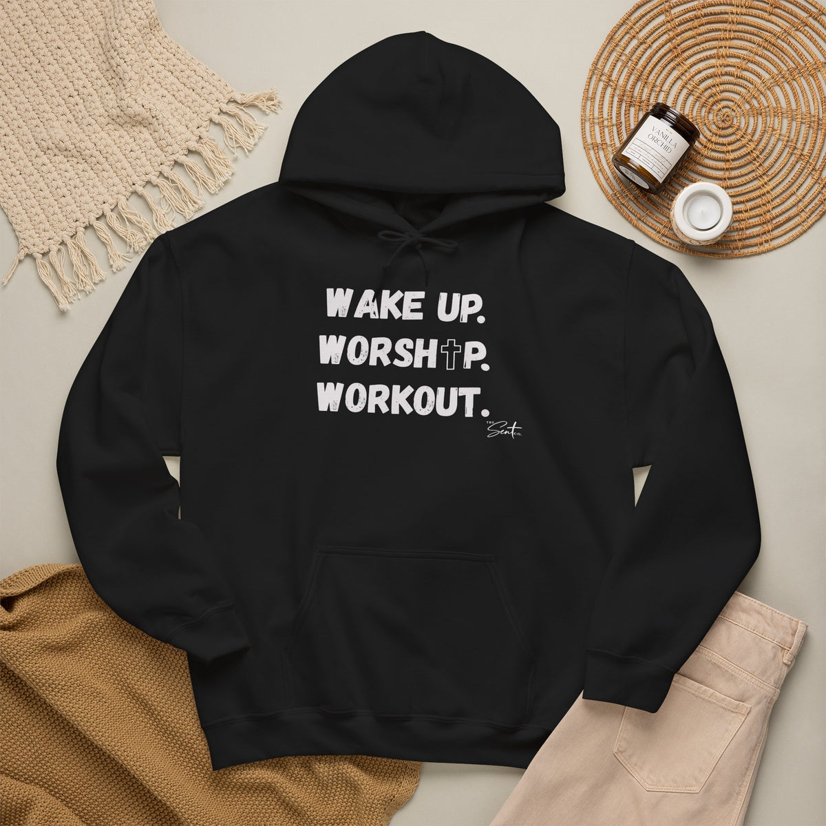 Wake Up. Worship. Workout. Hoodie — Faith & Fitness Motivational Pullover