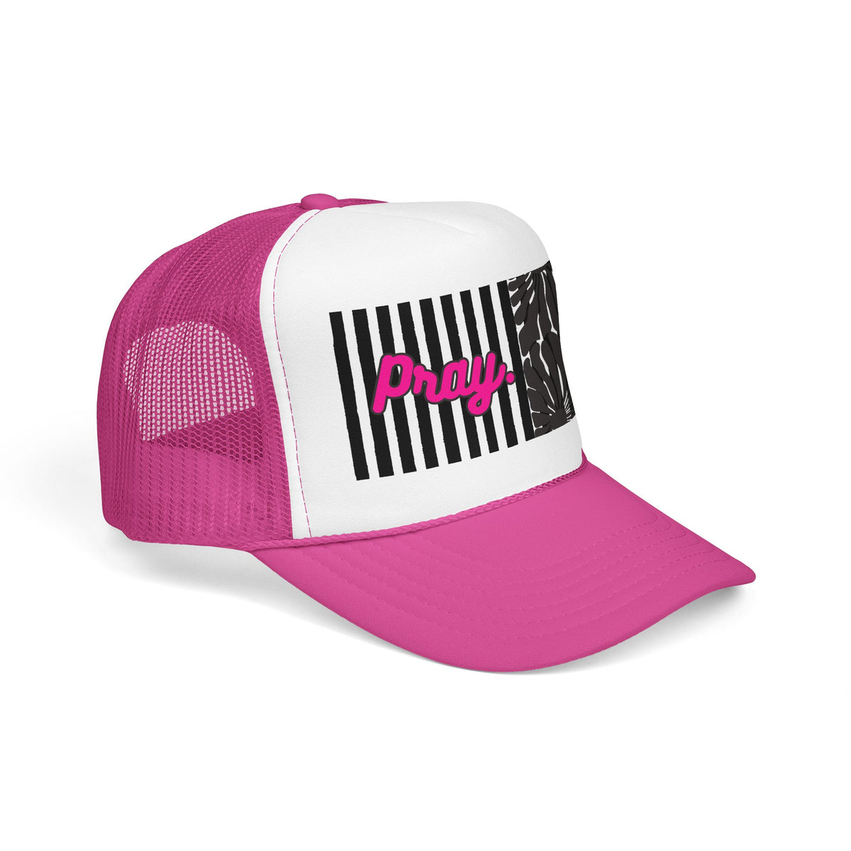 Pray Pink Patch Trucker Hat — Black Foam Mesh Cap with Stripes & Floral Blocks