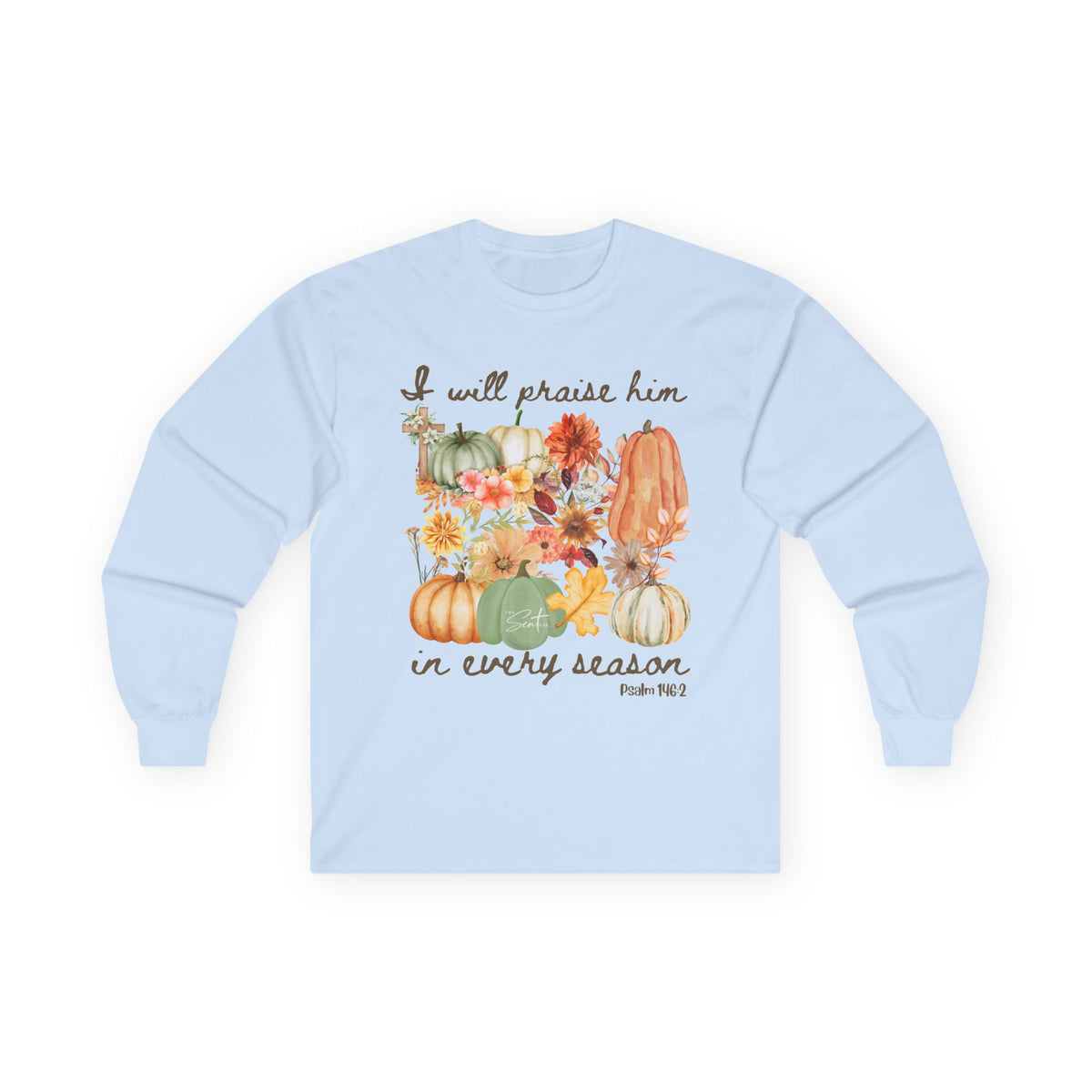 Praise Him in Every Season Long Sleeve Tee — Fall Pumpkin Floral Faith Shirt