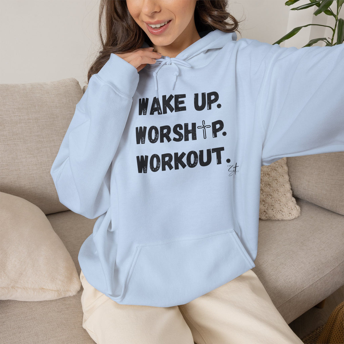 Wake Up. Worship. Workout. Hoodie — Faith & Fitness Motivational Pullover