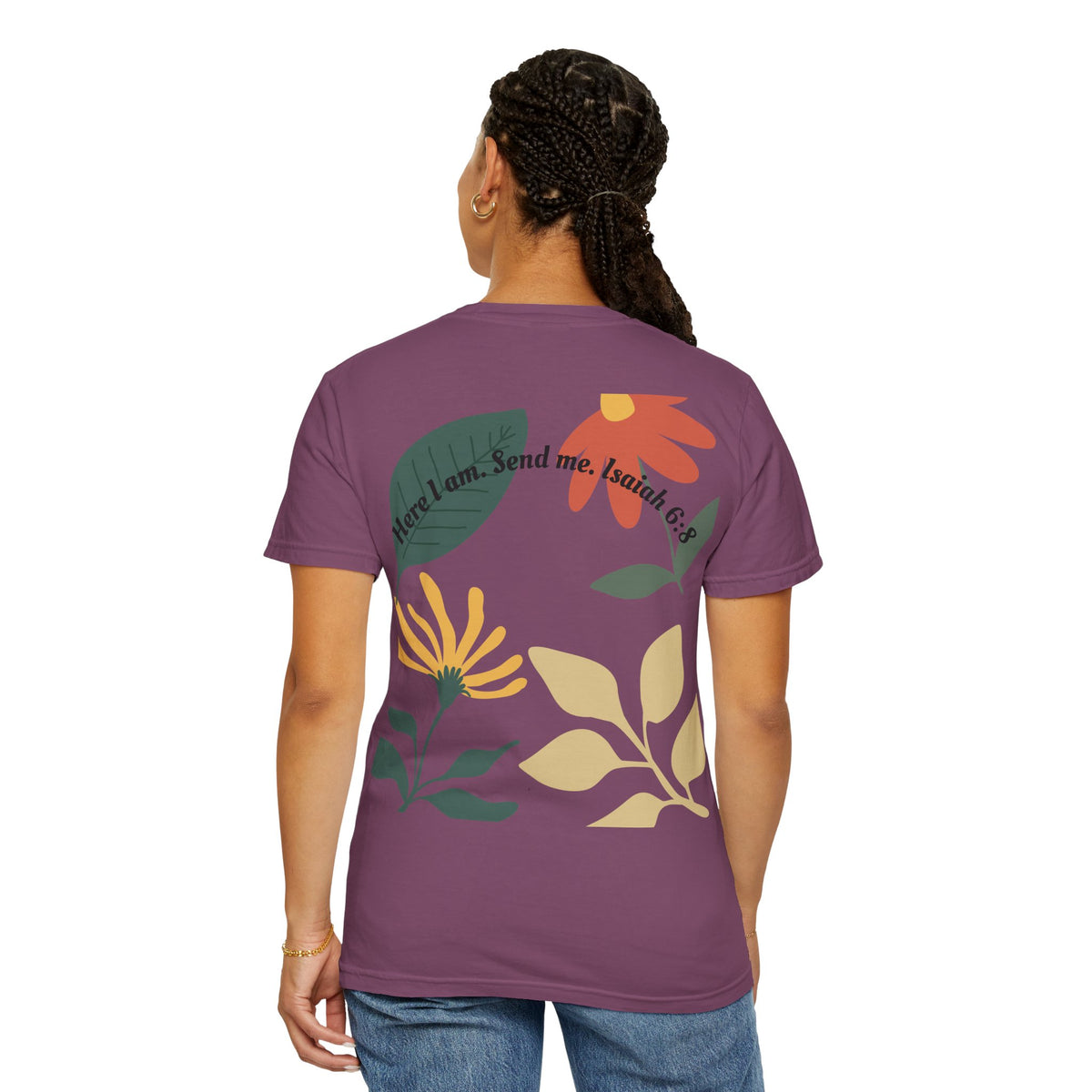 Floral Script Tee -"Here I am. Send me." Isaiah 6:8 (Back Print) The  Sent Co. (Front Print)