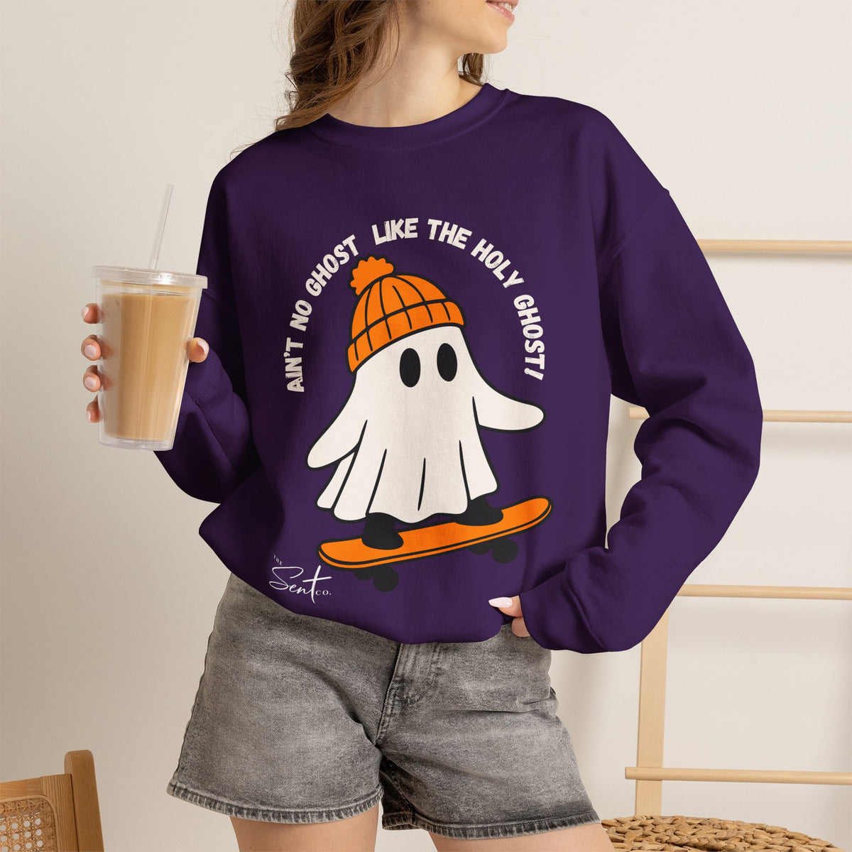 Ghost Skateboarder Sweatshirt — "Ain't No Ghost Like The Holy Ghost" Cozy Crewneck