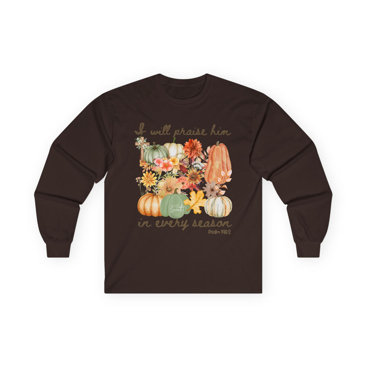 Praise Him in Every Season Long Sleeve Tee — Fall Pumpkin Floral Faith Shirt