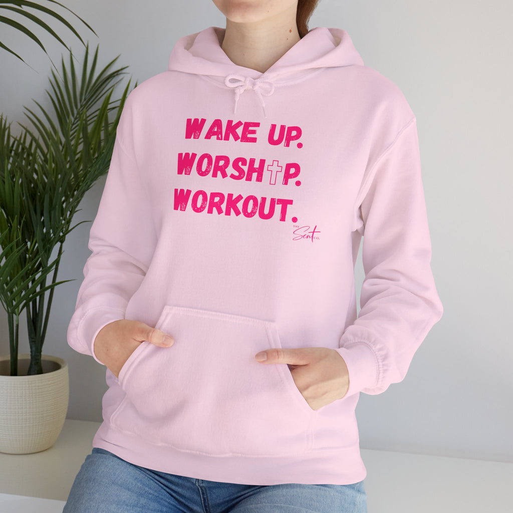 Wake Up. Worship. Workout. Hoodie — Faith & Fitness Motivational Pullover