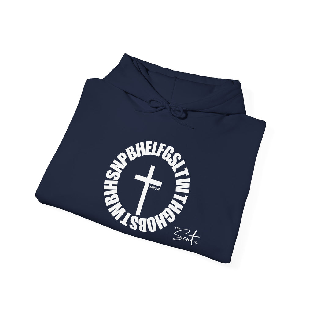 John 3:16 Cross Circle Hoodie — Faith Script Religious Pullover