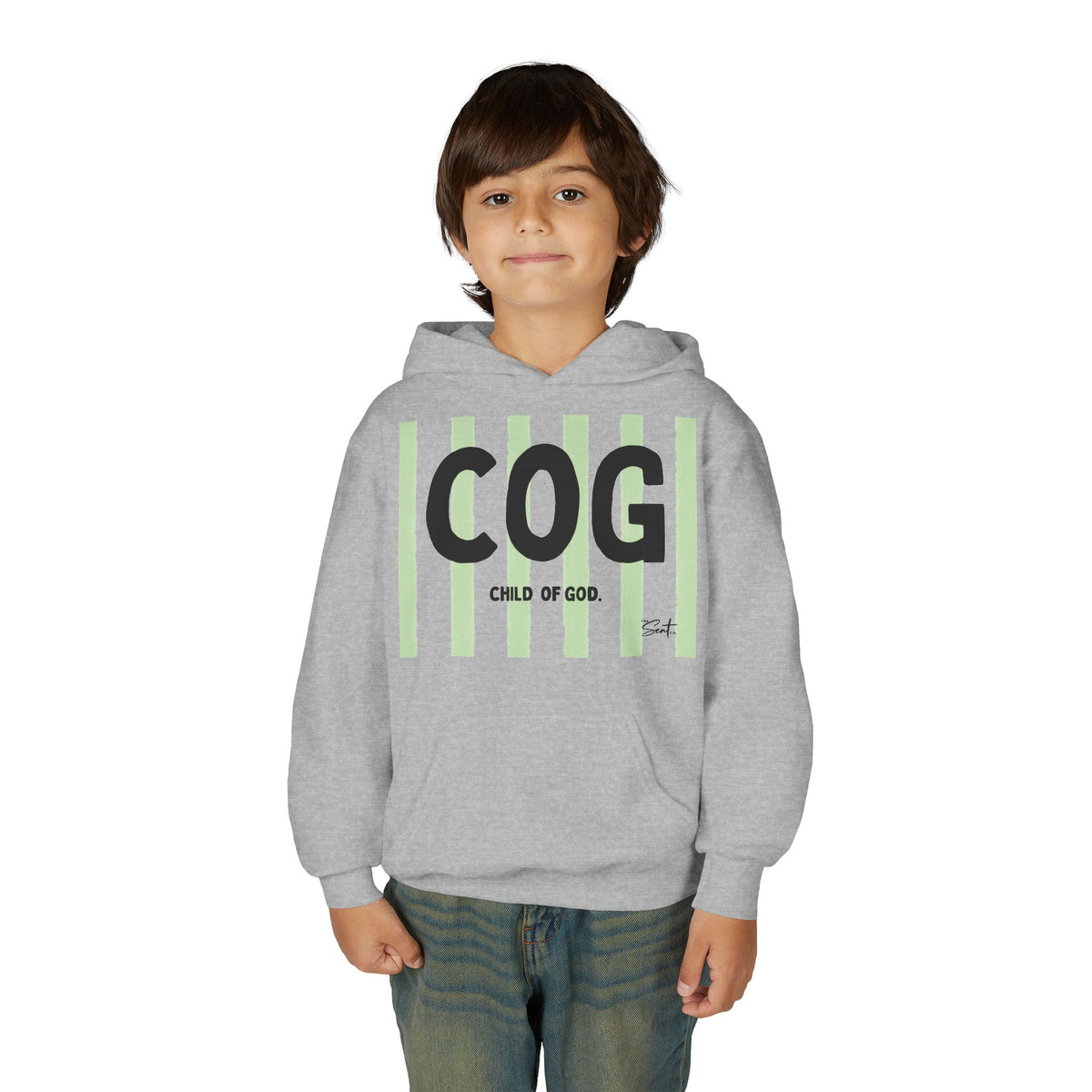 COG "Child of God" Youth Hoodie — Green Stripe Faith Sweatshirt