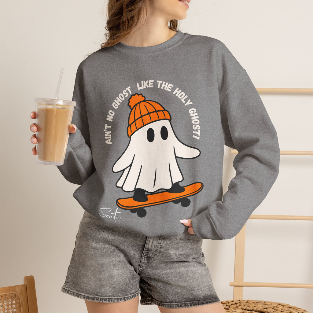 Ghost Skateboarder Sweatshirt — "Ain't No Ghost Like The Holy Ghost" Cozy Crewneck