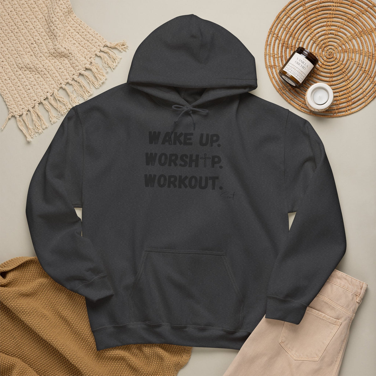 Wake Up. Worship. Workout. Hoodie — Faith & Fitness Motivational Pullover